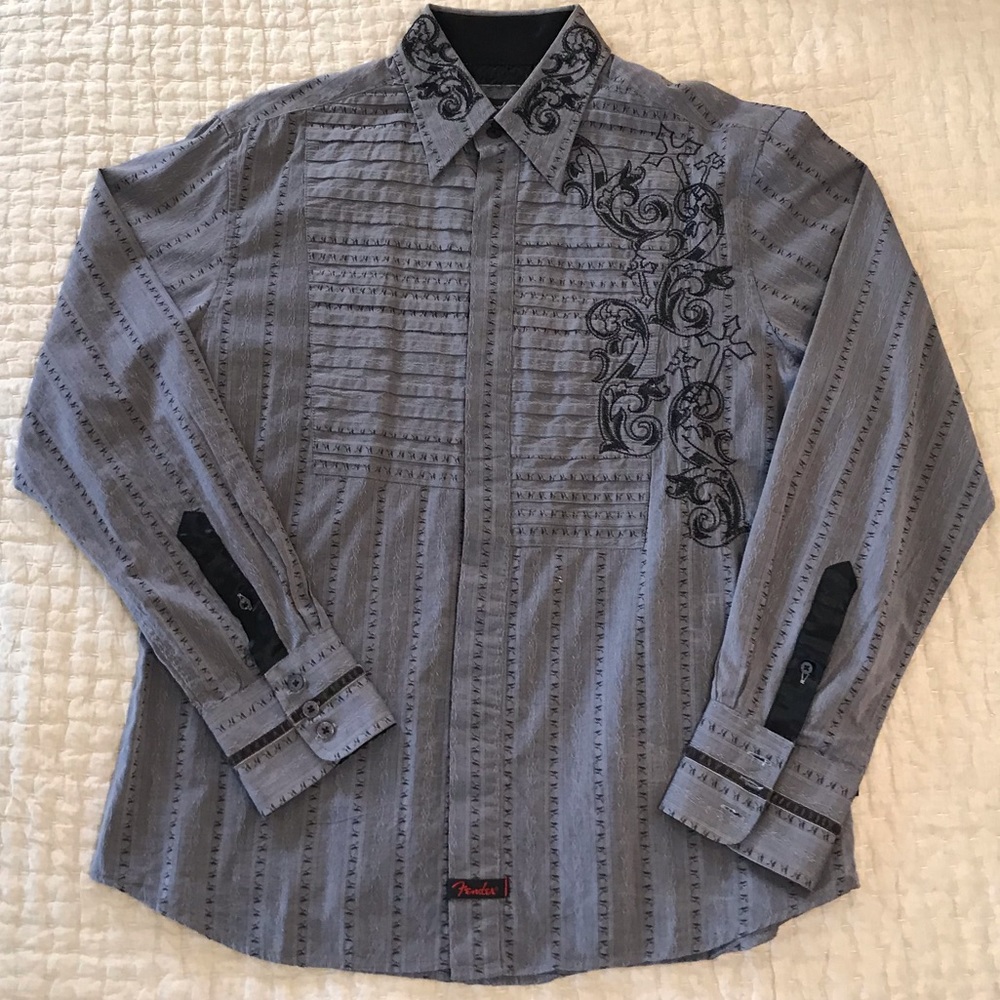 Men’s Fender by Rork ‘n Roll Religion Long Sleeve Black Embroidered shirt